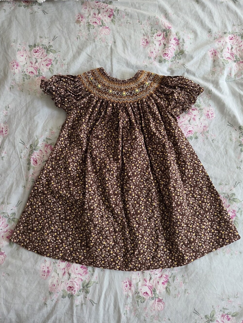 Rosalina Collections Brown Floral Calico Smocked Dress 2T
